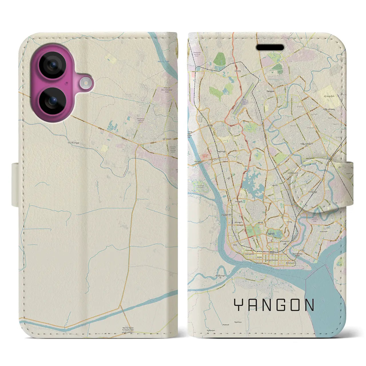 【ヤンゴン(ミャンマー)】地図柄iPhoneケース(手帳タイプ)ナチュラル・iPhone 16 Pro 用
