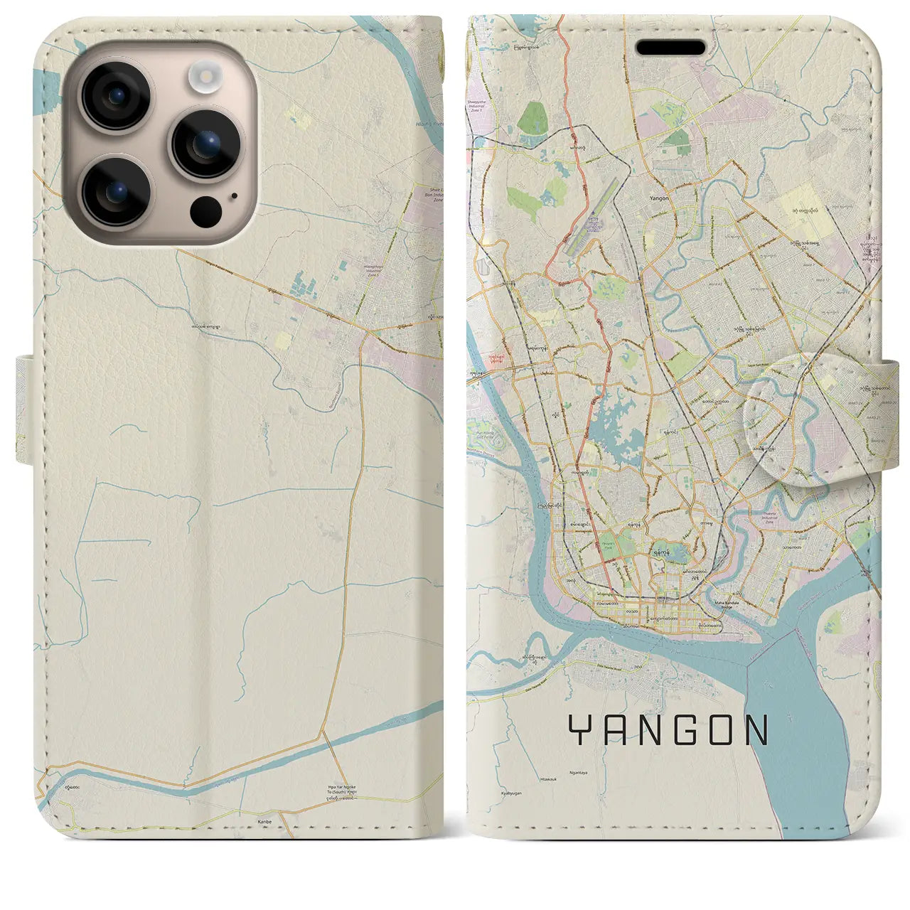 【ヤンゴン(ミャンマー)】地図柄iPhoneケース(手帳タイプ)ナチュラル・iPhone 16 Plus 用