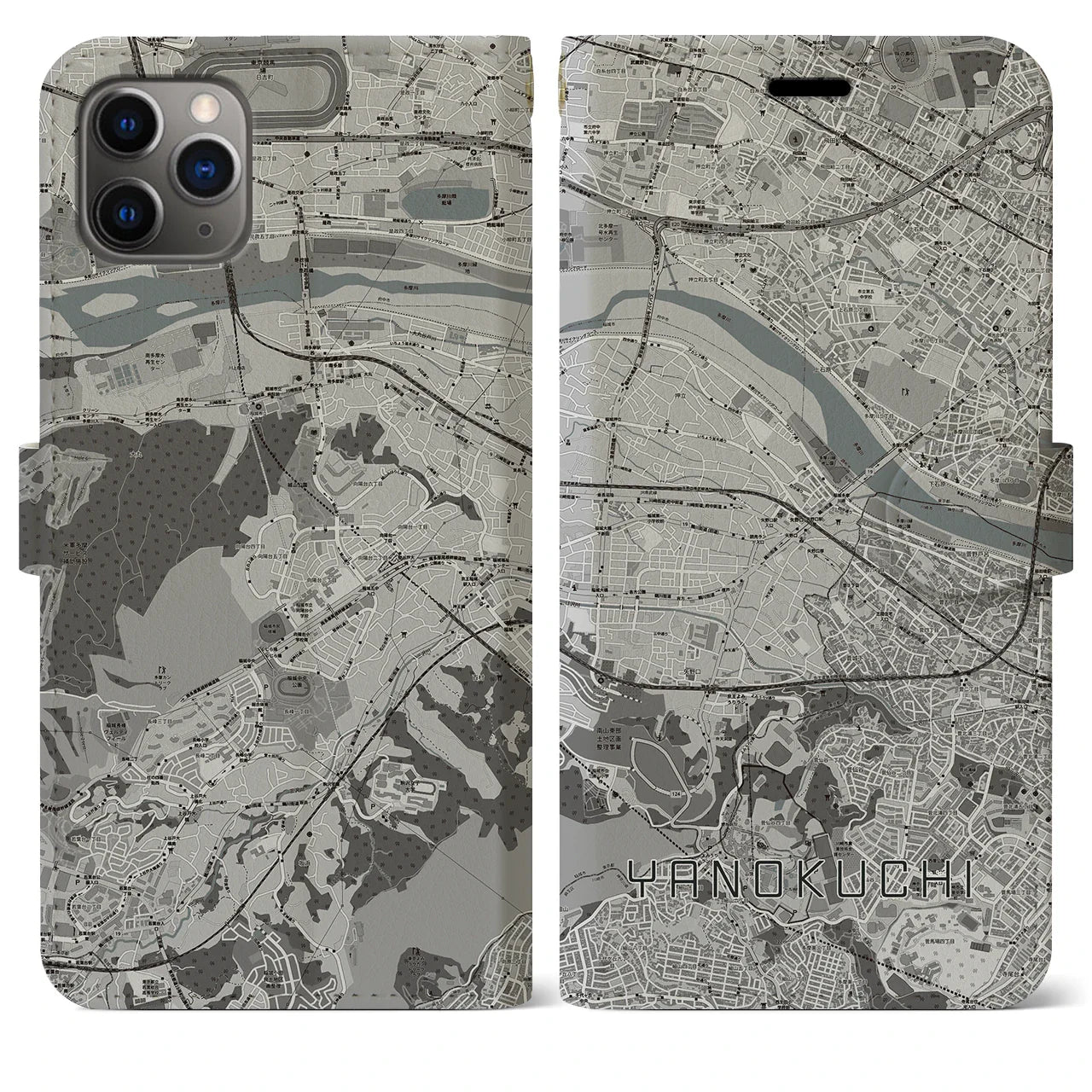 【矢野口(東京都)】地図柄iPhoneケース(手帳タイプ)モノトーン・iPhone 11 Pro Max 用
