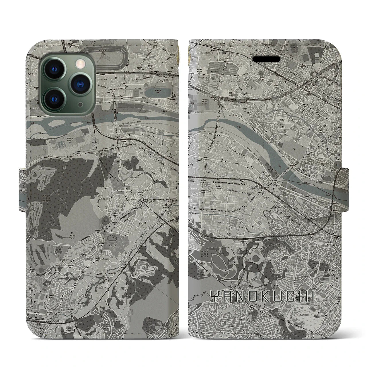 【矢野口(東京都)】地図柄iPhoneケース(手帳タイプ)モノトーン・iPhone 11 Pro 用