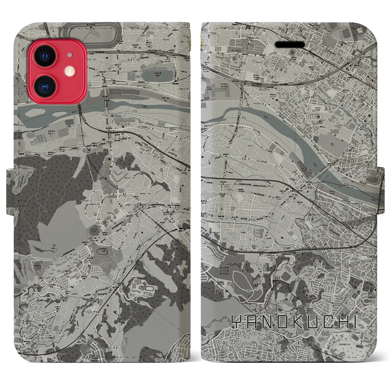 【矢野口(東京都)】地図柄iPhoneケース(手帳タイプ)モノトーン・iPhone 11 用