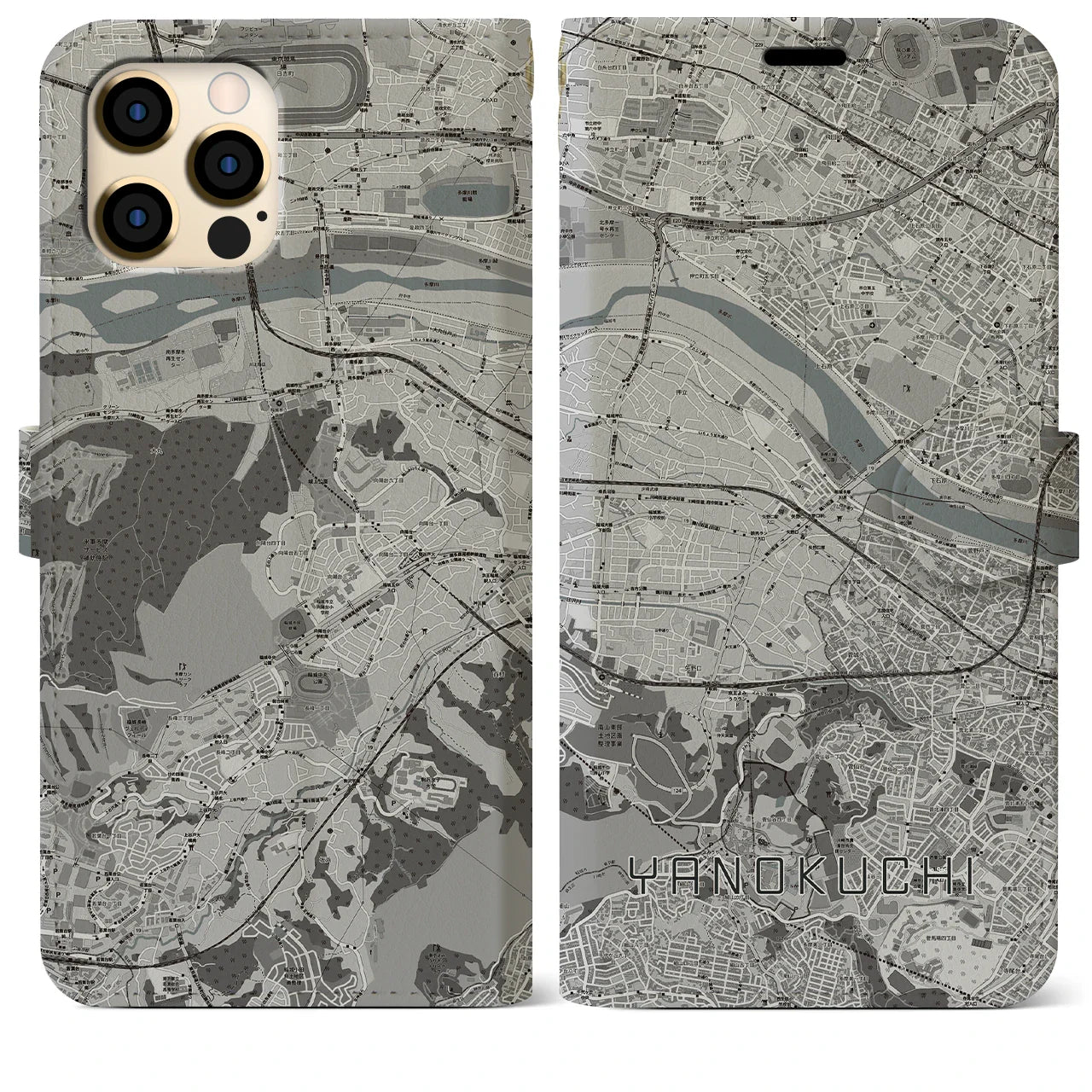 【矢野口(東京都)】地図柄iPhoneケース(手帳タイプ)モノトーン・iPhone 12 Pro Max 用