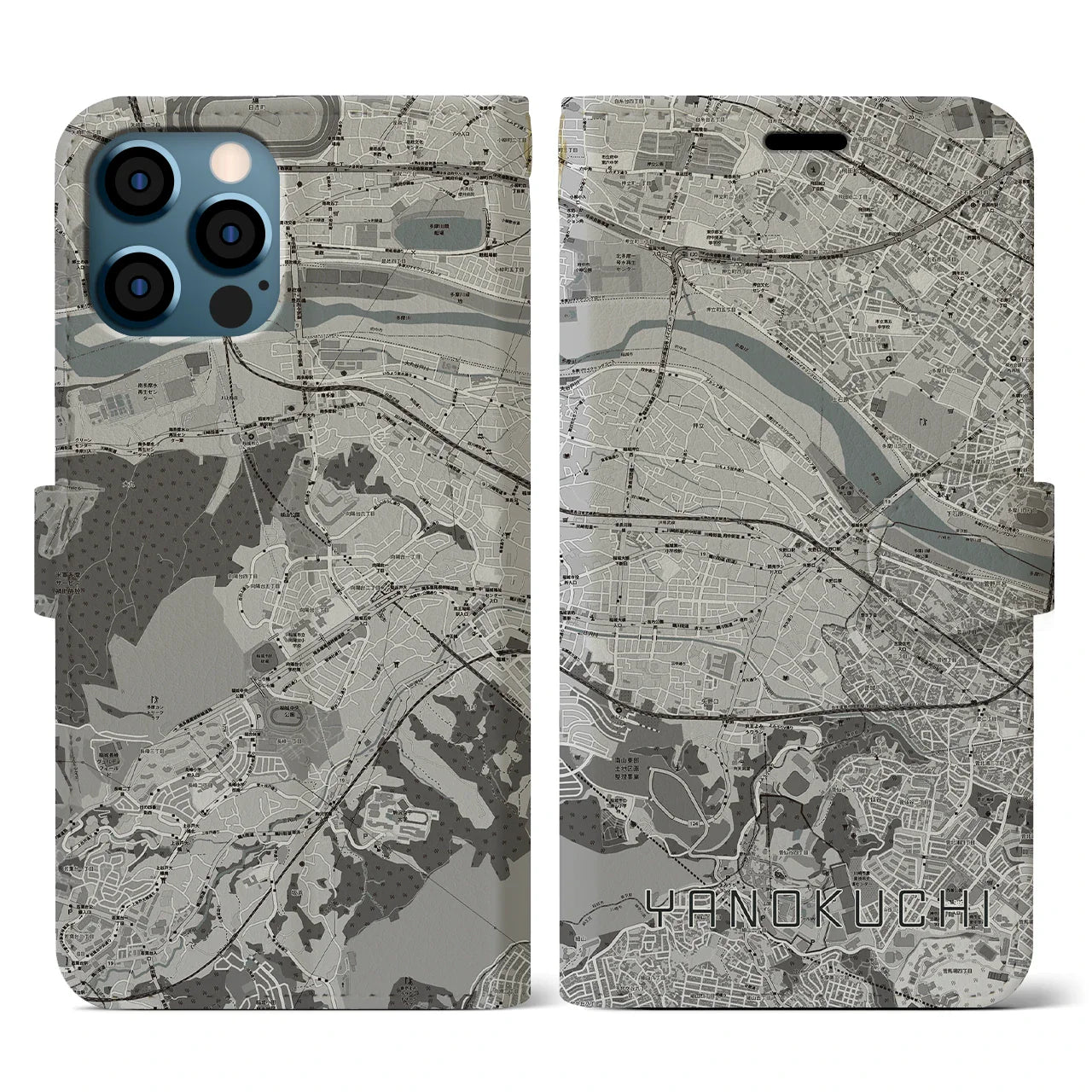 【矢野口(東京都)】地図柄iPhoneケース(手帳タイプ)モノトーン・iPhone 12 / 12 Pro 用