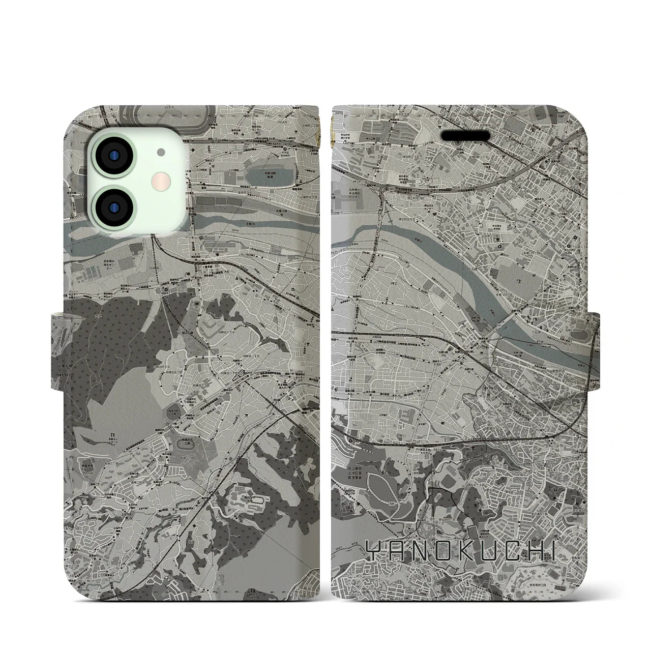 【矢野口(東京都)】地図柄iPhoneケース(手帳タイプ)モノトーン・iPhone 12 mini 用