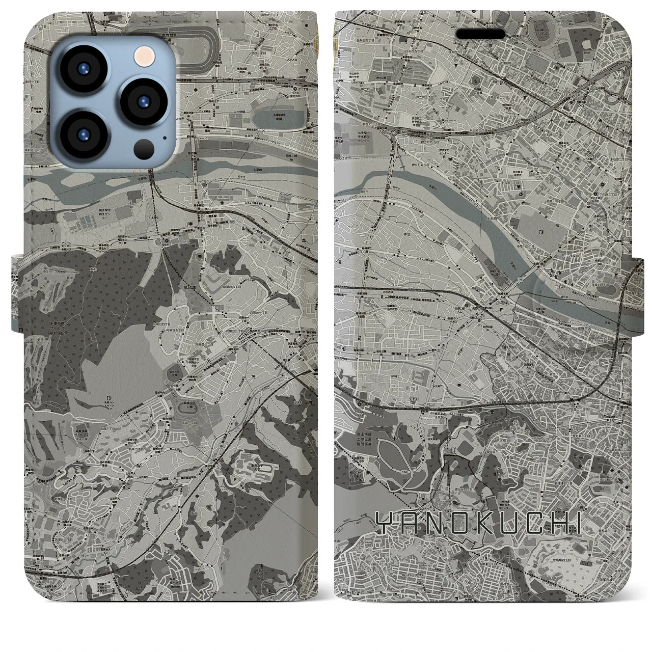 【矢野口(東京都)】地図柄iPhoneケース(手帳タイプ)モノトーン・iPhone 13 Pro Max 用