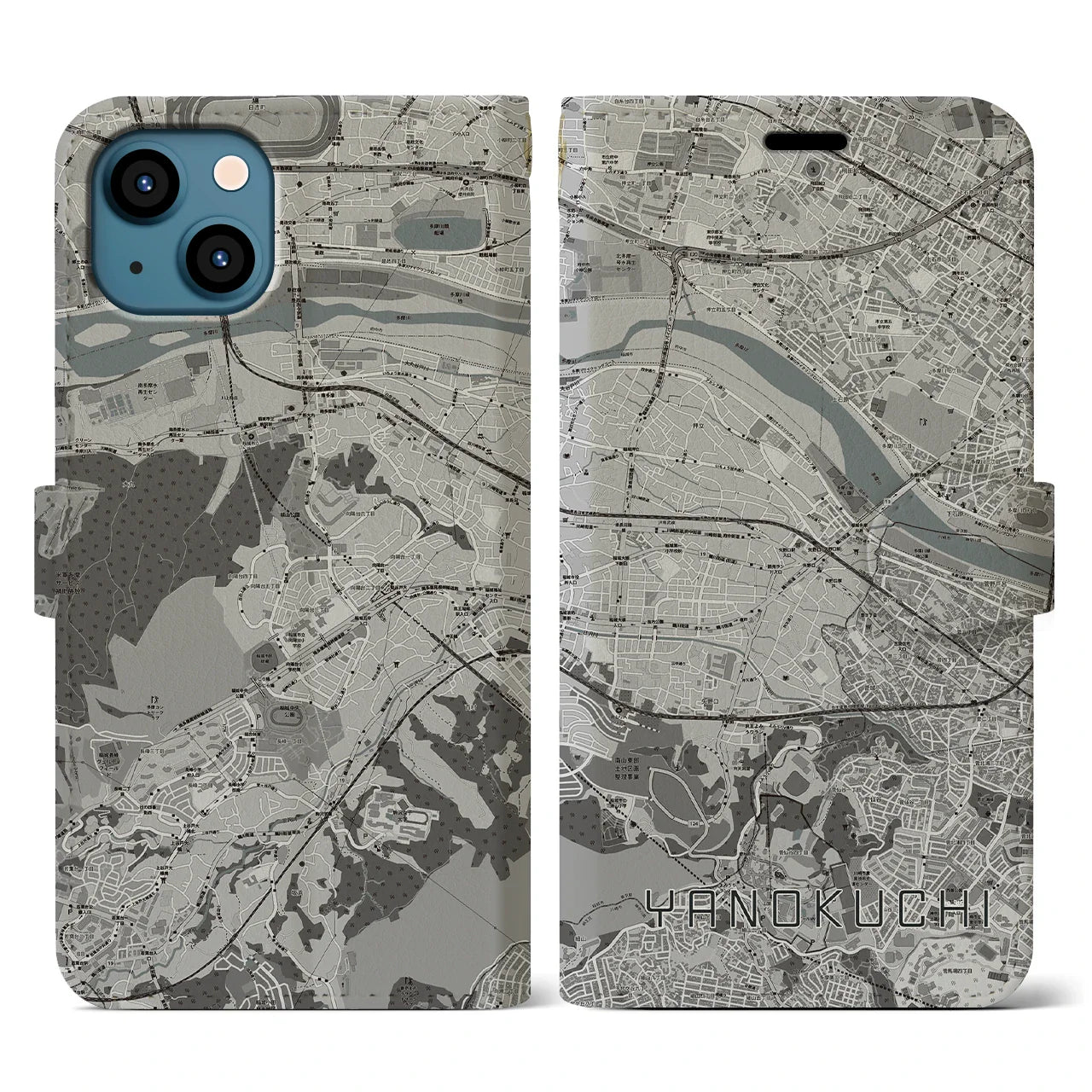 【矢野口(東京都)】地図柄iPhoneケース(手帳タイプ)モノトーン・iPhone 13 用
