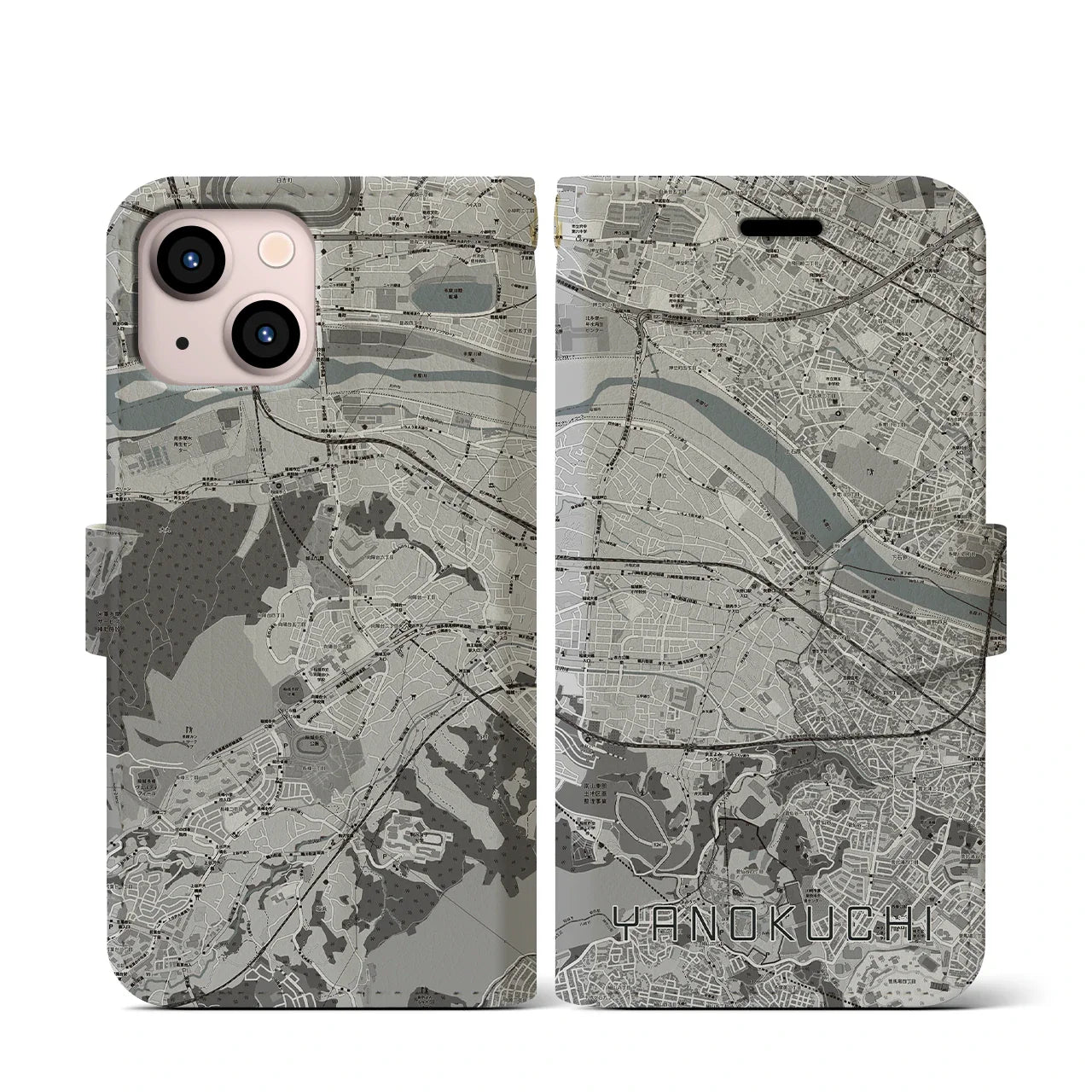 【矢野口(東京都)】地図柄iPhoneケース(手帳タイプ)モノトーン・iPhone 13 mini 用