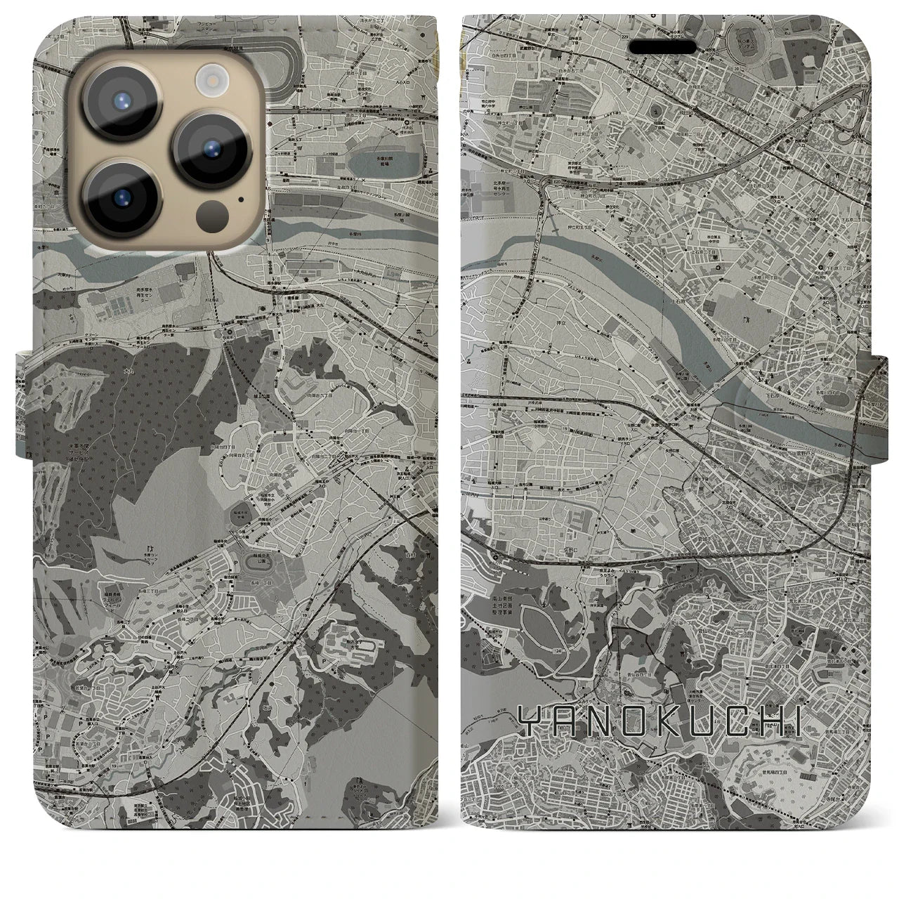 【矢野口(東京都)】地図柄iPhoneケース(手帳タイプ)モノトーン・iPhone 14 Pro Max 用