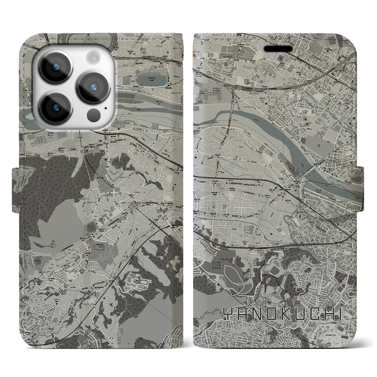 【矢野口(東京都)】地図柄iPhoneケース(手帳タイプ)モノトーン・iPhone 14 Pro 用