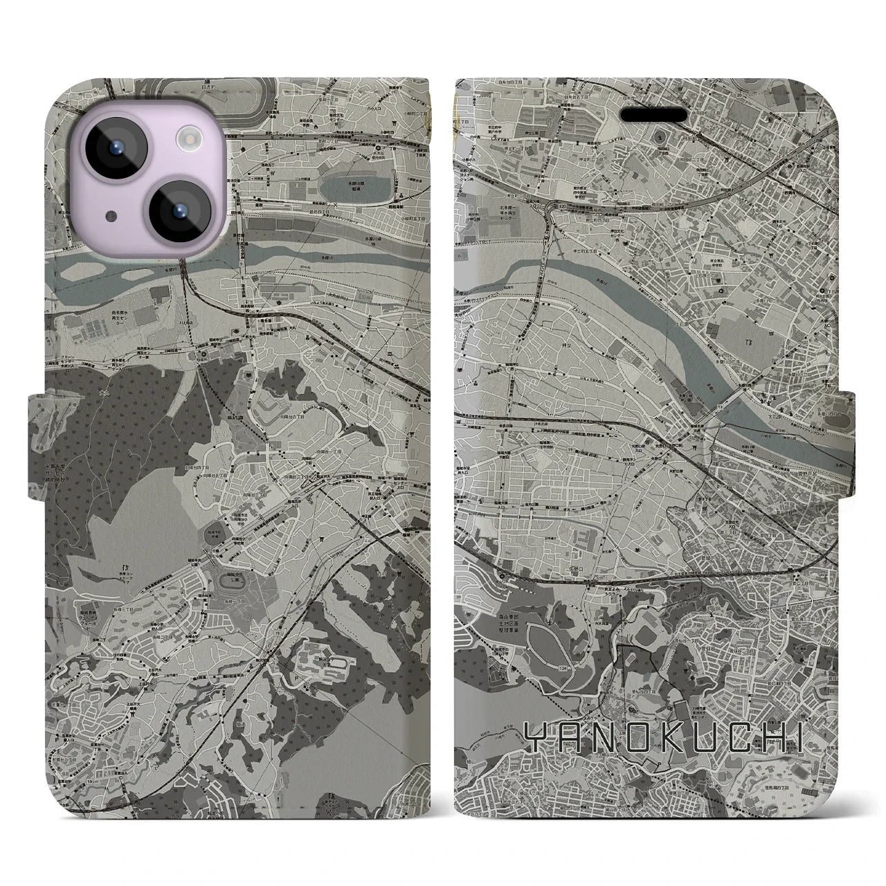 【矢野口(東京都)】地図柄iPhoneケース(手帳タイプ)モノトーン・iPhone 14 用