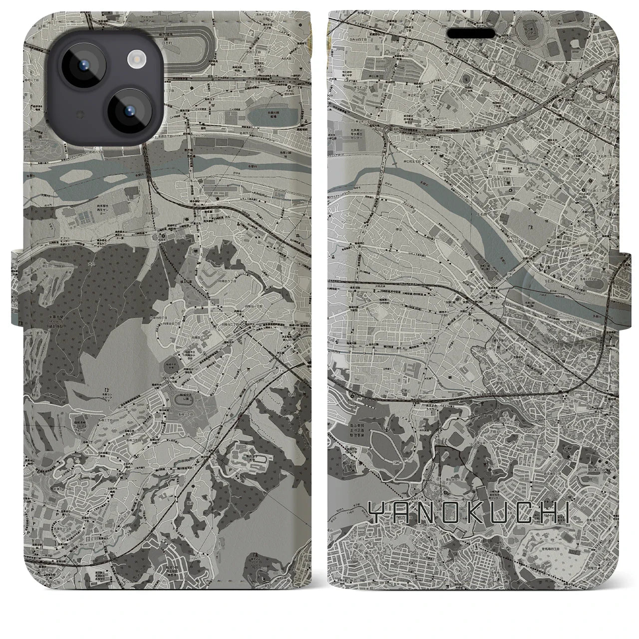 【矢野口(東京都)】地図柄iPhoneケース(手帳タイプ)モノトーン・iPhone 14 Plus 用
