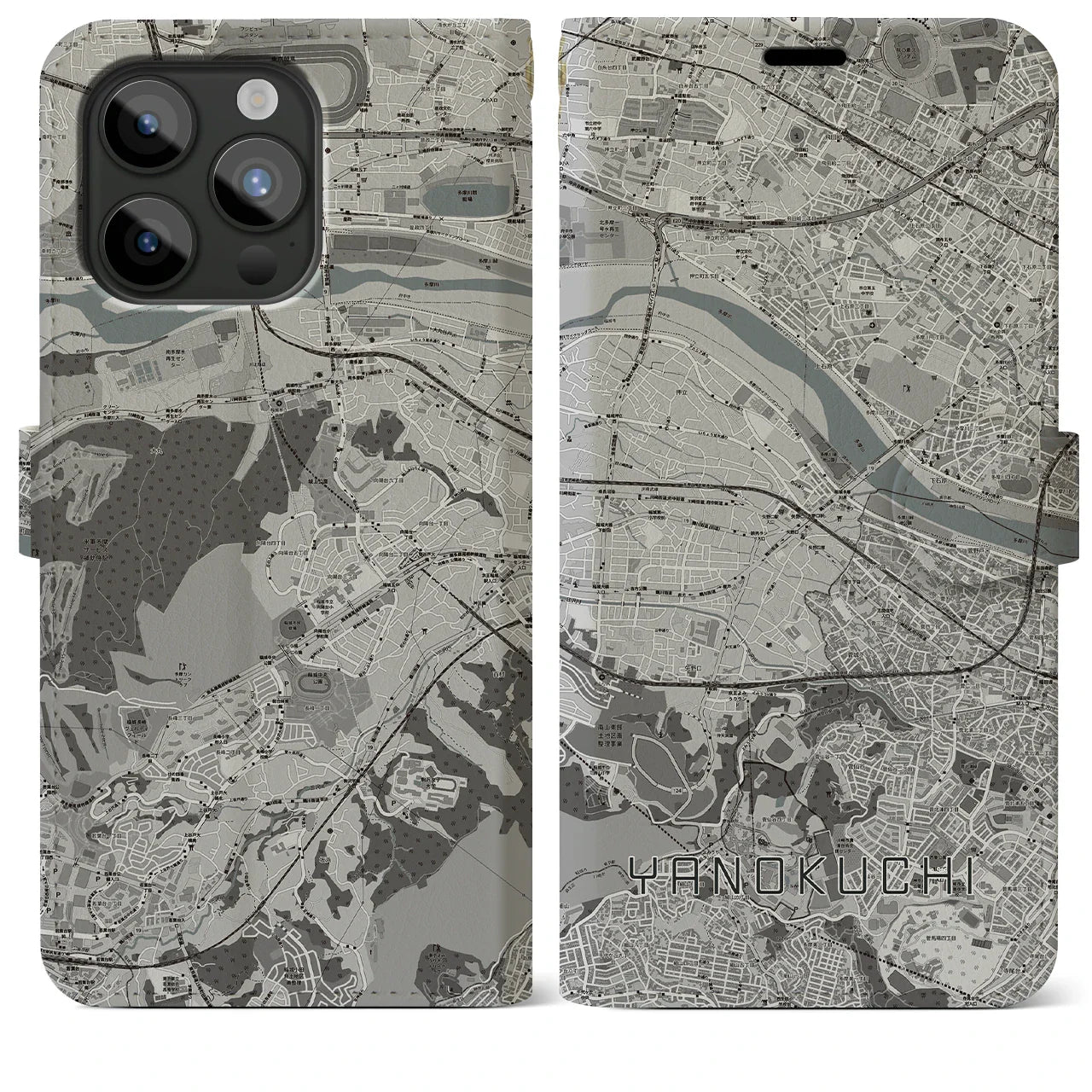 【矢野口(東京都)】地図柄iPhoneケース(手帳タイプ)モノトーン・iPhone 15 Pro Max 用