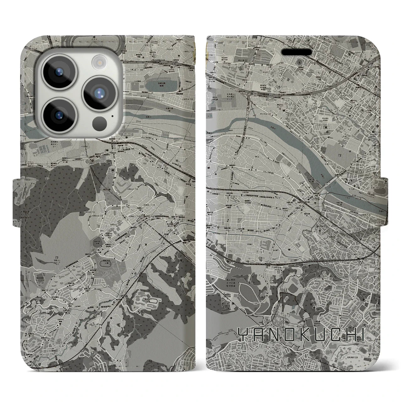 【矢野口(東京都)】地図柄iPhoneケース(手帳タイプ)モノトーン・iPhone 15 Pro 用