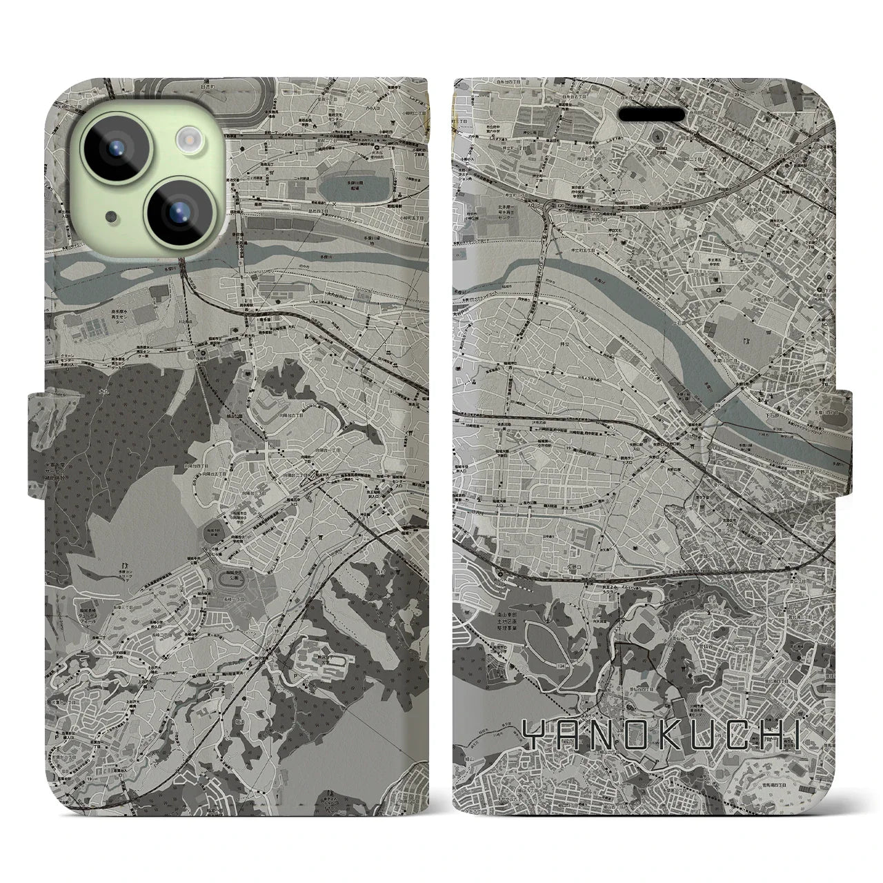 【矢野口(東京都)】地図柄iPhoneケース(手帳タイプ)モノトーン・iPhone 15 用