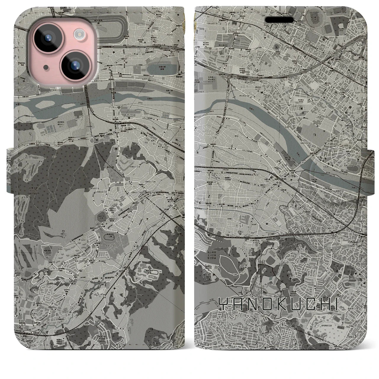 【矢野口(東京都)】地図柄iPhoneケース(手帳タイプ)モノトーン・iPhone 15 Plus 用