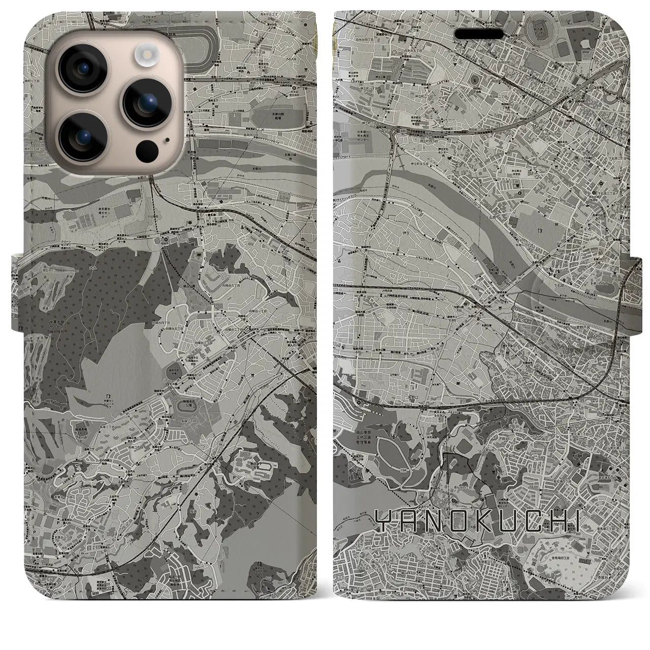 【矢野口(東京都)】地図柄iPhoneケース(手帳タイプ)モノトーン・iPhone 16 Plus 用