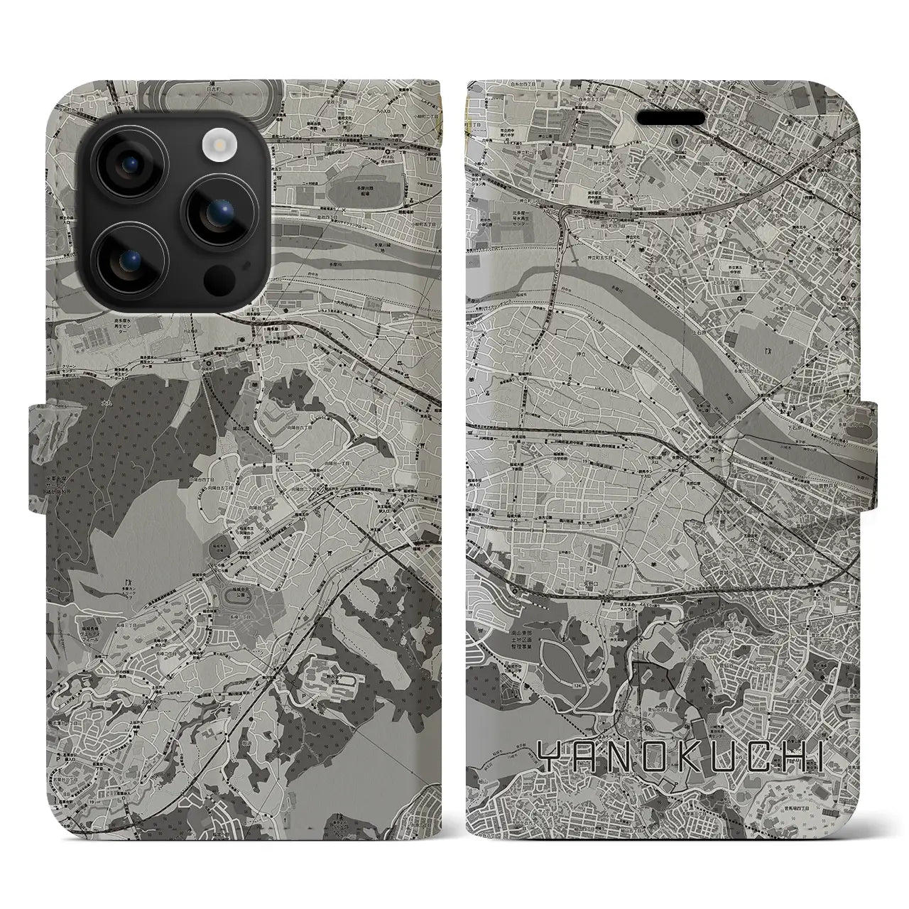 【矢野口(東京都)】地図柄iPhoneケース(手帳タイプ)モノトーン・iPhone 16 用