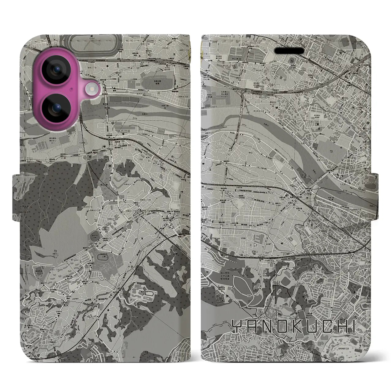 【矢野口(東京都)】地図柄iPhoneケース(手帳タイプ)モノトーン・iPhone 16 Pro 用