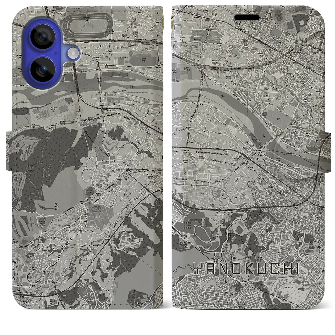 【矢野口(東京都)】地図柄iPhoneケース(手帳タイプ)モノトーン・iPhone 16 Pro Max 用