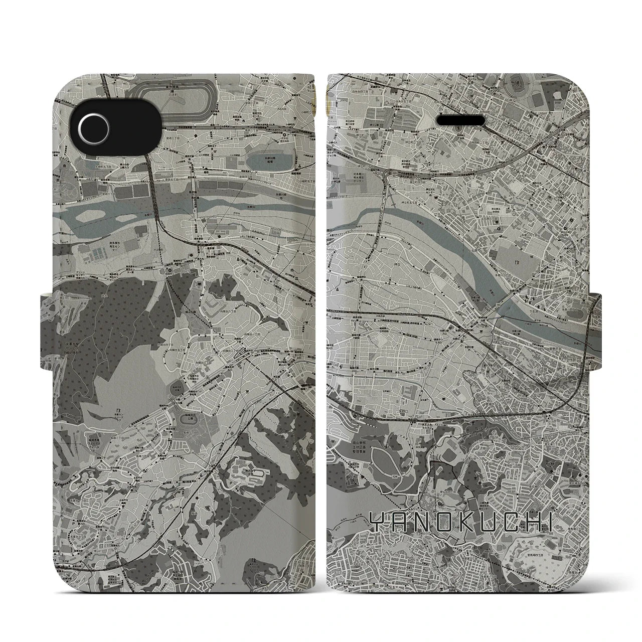 【矢野口(東京都)】地図柄iPhoneケース(手帳タイプ)モノトーン・iPhone SE(第3 / 第2世代) / 8 / 7 / 6s / 6 用