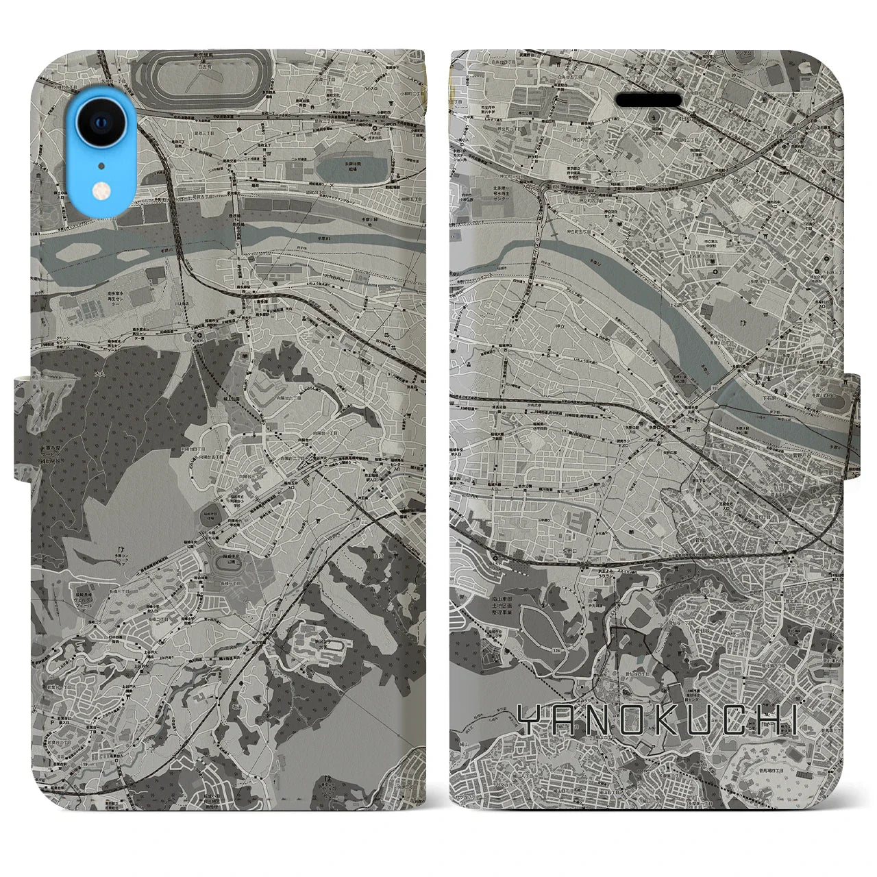【矢野口(東京都)】地図柄iPhoneケース(手帳タイプ)モノトーン・iPhone XR 用