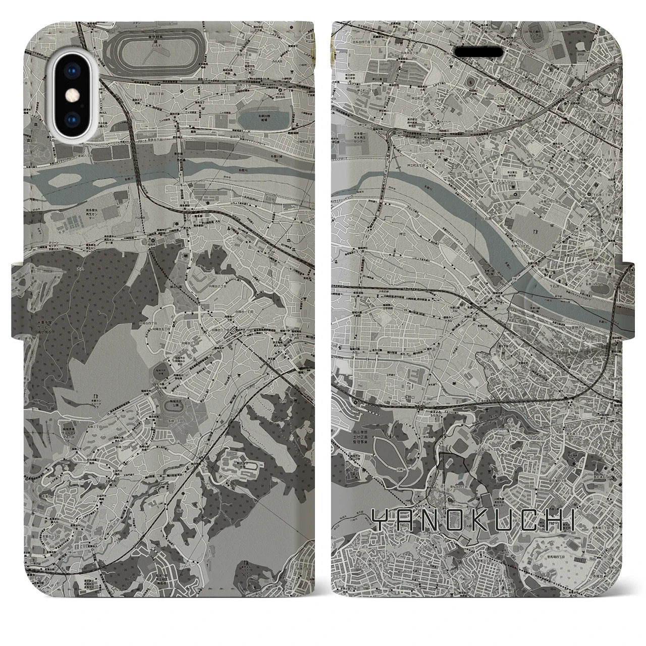 【矢野口(東京都)】地図柄iPhoneケース(手帳タイプ)モノトーン・iPhone XS Max 用