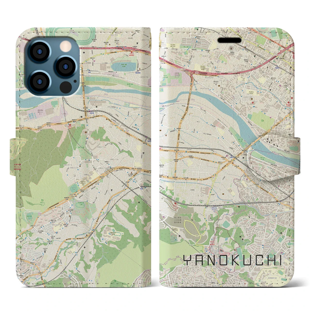 【矢野口(東京都)】地図柄iPhoneケース(手帳タイプ)ナチュラル・iPhone 12 / 12 Pro 用