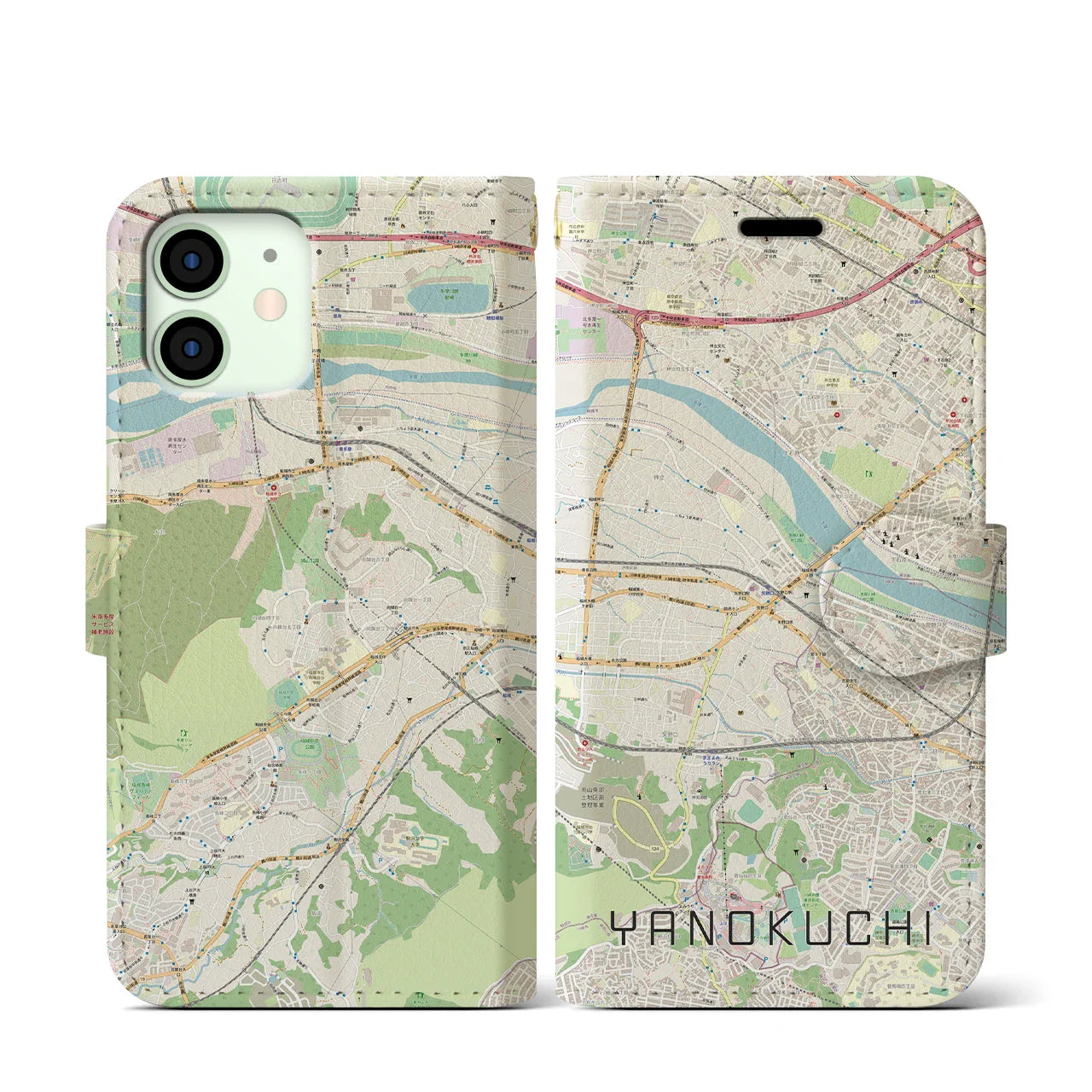 【矢野口(東京都)】地図柄iPhoneケース(手帳タイプ)ナチュラル・iPhone 12 mini 用