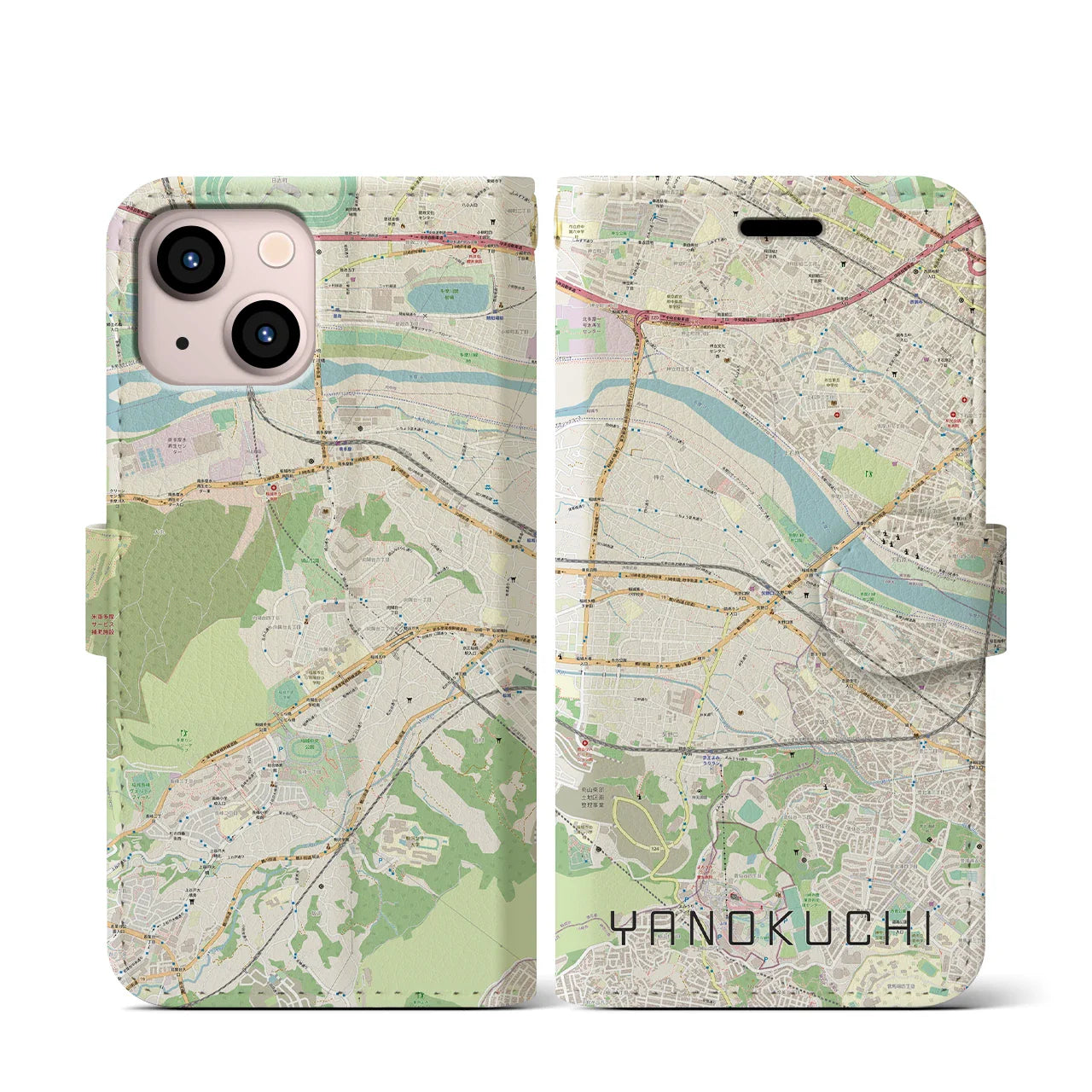 【矢野口(東京都)】地図柄iPhoneケース(手帳タイプ)ナチュラル・iPhone 13 mini 用