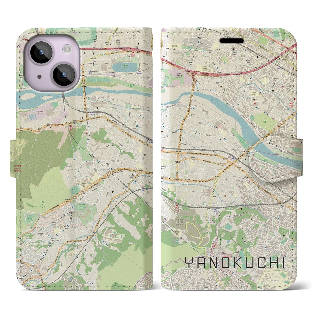 【矢野口(東京都)】地図柄iPhoneケース(手帳タイプ)ナチュラル・iPhone 14 用
