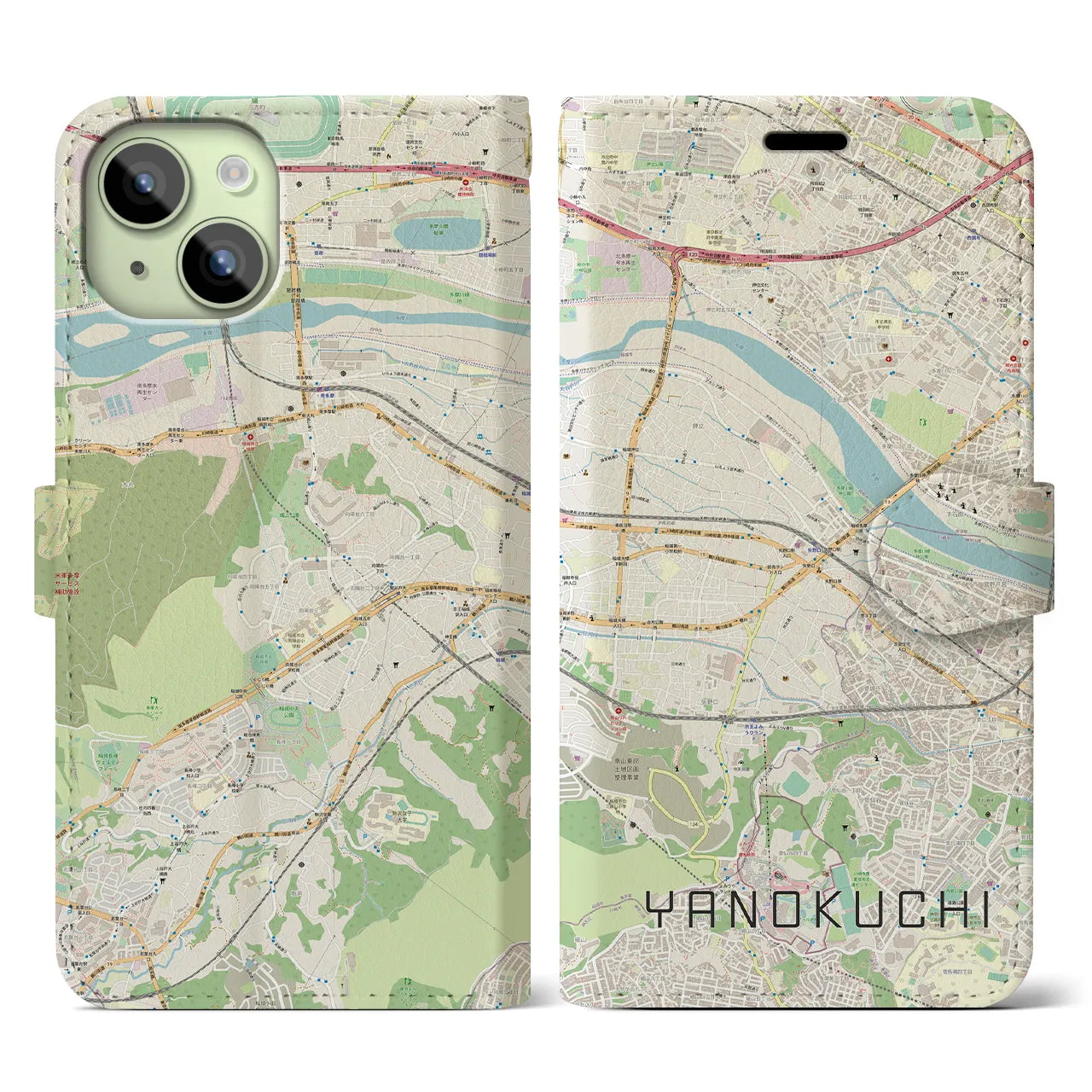【矢野口(東京都)】地図柄iPhoneケース(手帳タイプ)ナチュラル・iPhone 15 用
