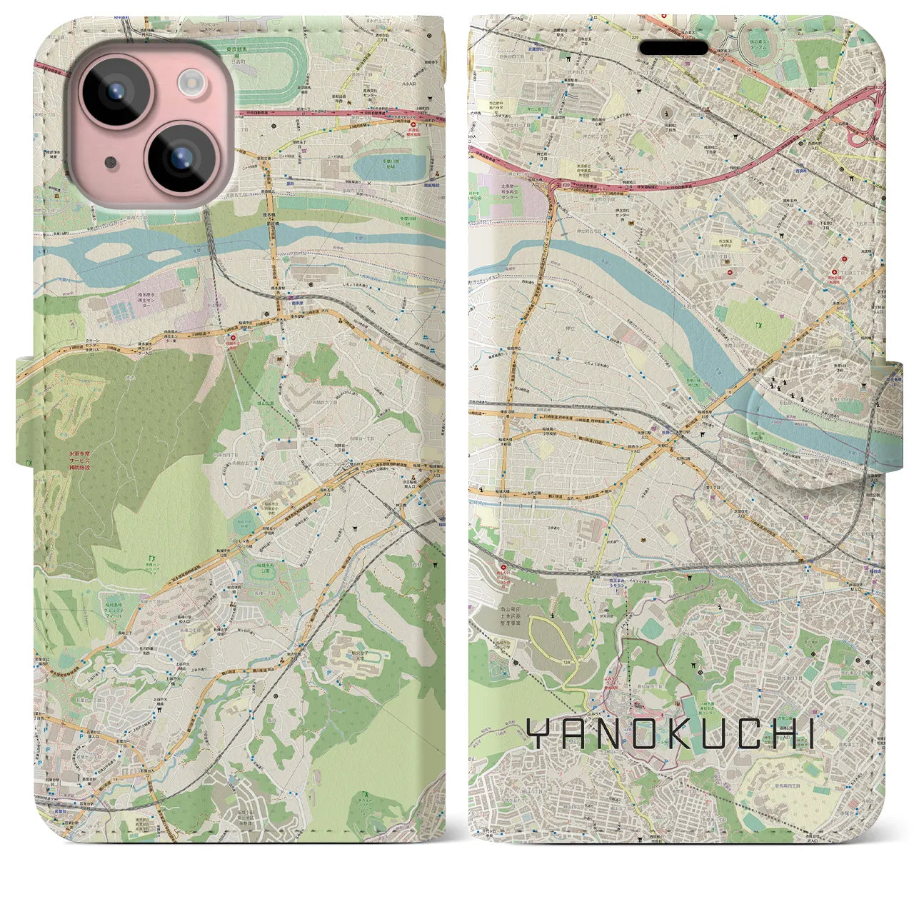 【矢野口(東京都)】地図柄iPhoneケース(手帳タイプ)ナチュラル・iPhone 15 Plus 用