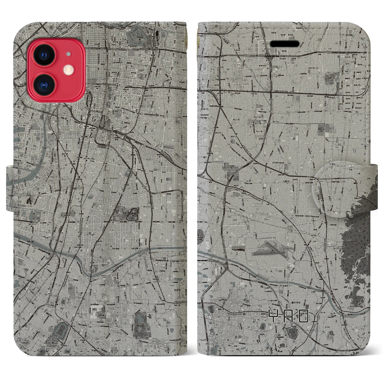 【八尾(大阪府)】地図柄iPhoneケース(手帳タイプ)モノトーン・iPhone 11 用