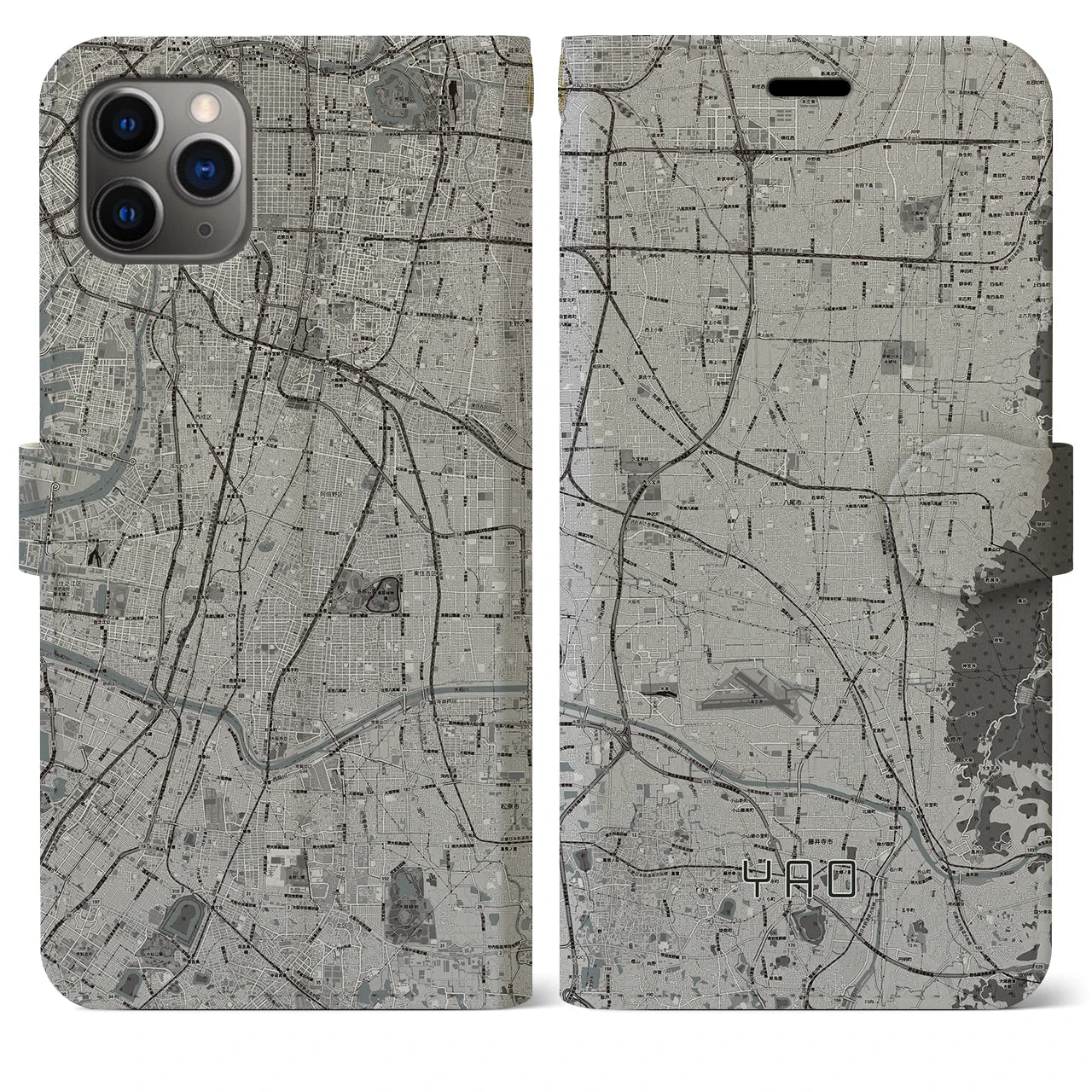 【八尾(大阪府)】地図柄iPhoneケース(手帳タイプ)モノトーン・iPhone 11 Pro Max 用