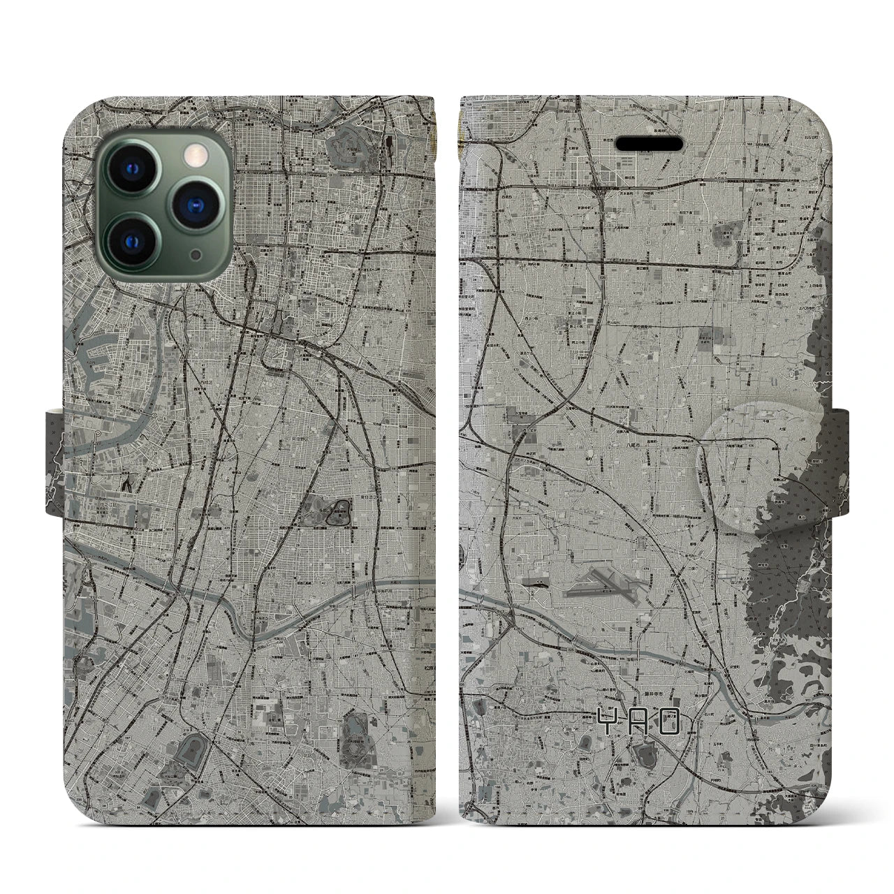 【八尾(大阪府)】地図柄iPhoneケース(手帳タイプ)モノトーン・iPhone 11 Pro 用