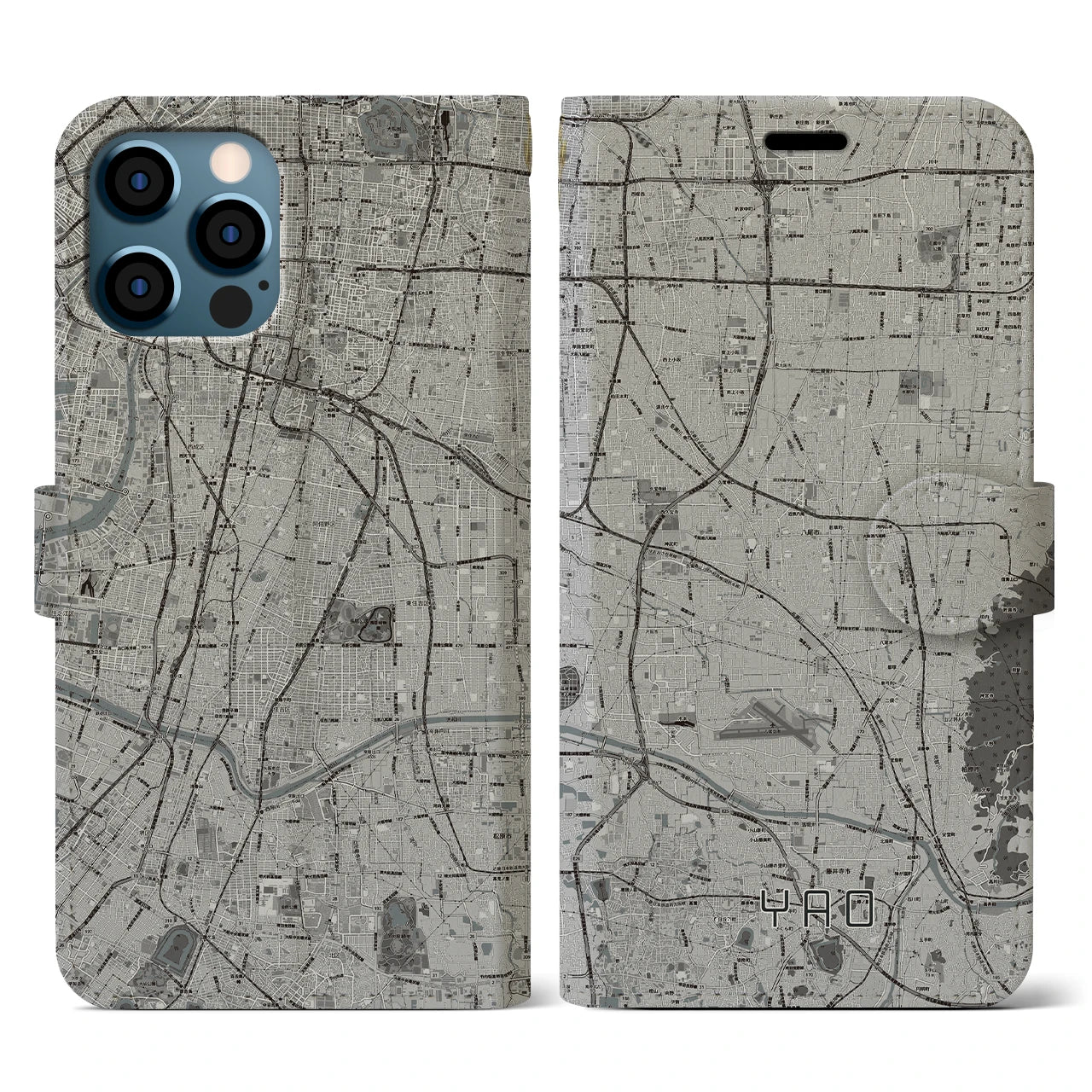 【八尾(大阪府)】地図柄iPhoneケース(手帳タイプ)モノトーン・iPhone 12 / 12 Pro 用