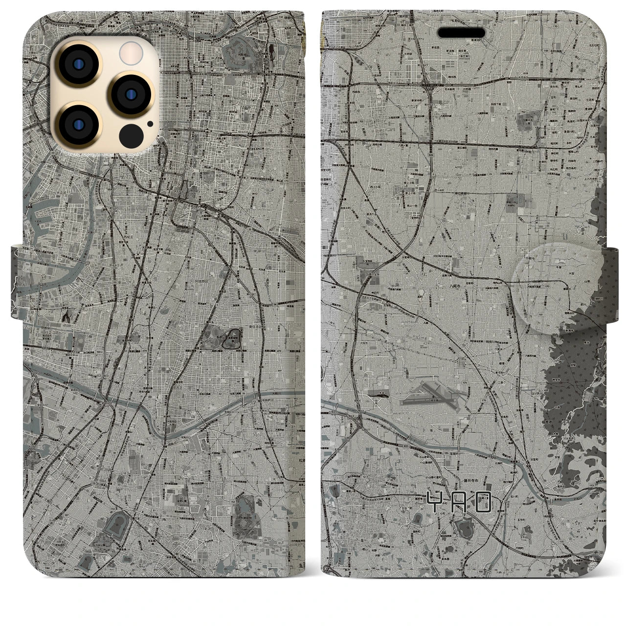 【八尾(大阪府)】地図柄iPhoneケース(手帳タイプ)モノトーン・iPhone 12 Pro Max 用