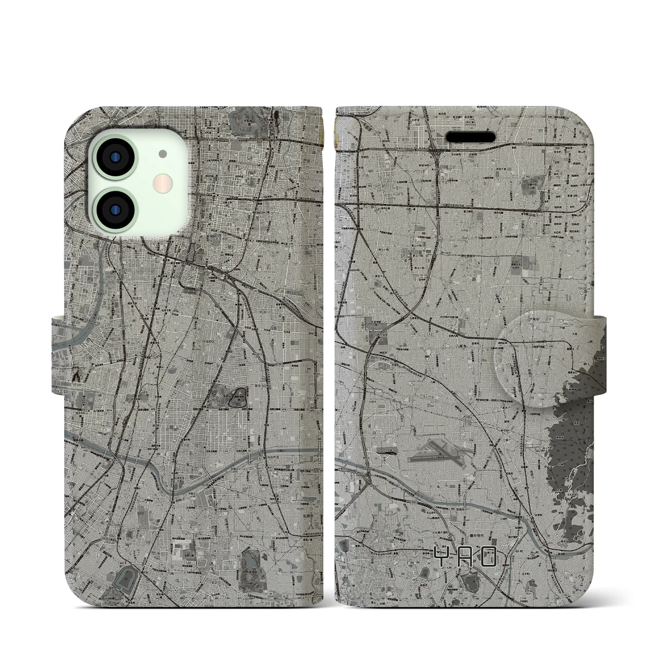 【八尾(大阪府)】地図柄iPhoneケース(手帳タイプ)モノトーン・iPhone 12 mini 用