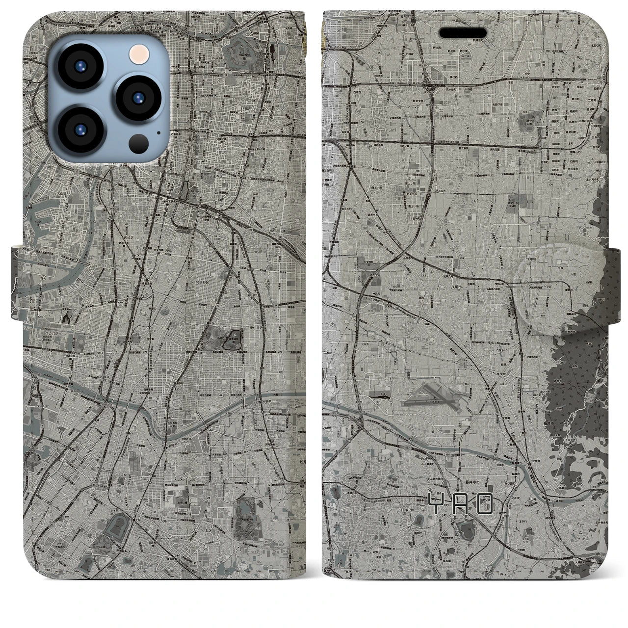 【八尾(大阪府)】地図柄iPhoneケース(手帳タイプ)モノトーン・iPhone 13 Pro Max 用