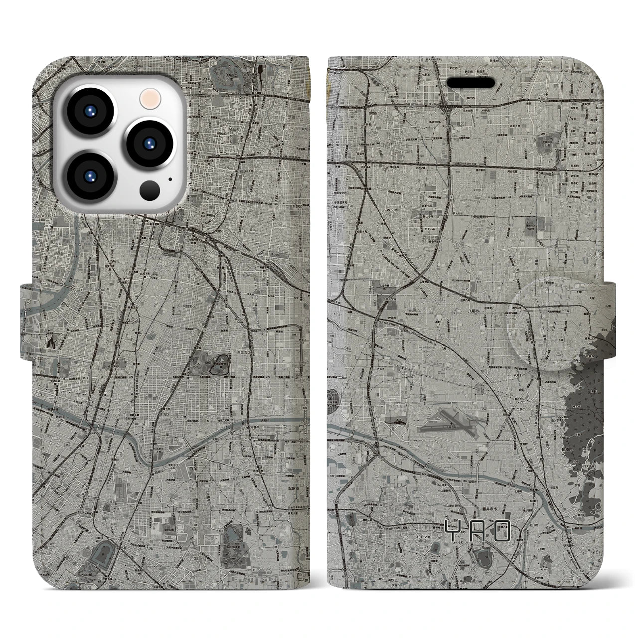 【八尾(大阪府)】地図柄iPhoneケース(手帳タイプ)モノトーン・iPhone 13 Pro 用