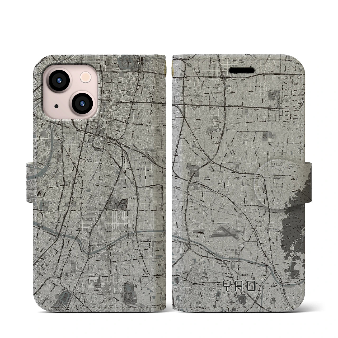 【八尾(大阪府)】地図柄iPhoneケース(手帳タイプ)モノトーン・iPhone 13 mini 用