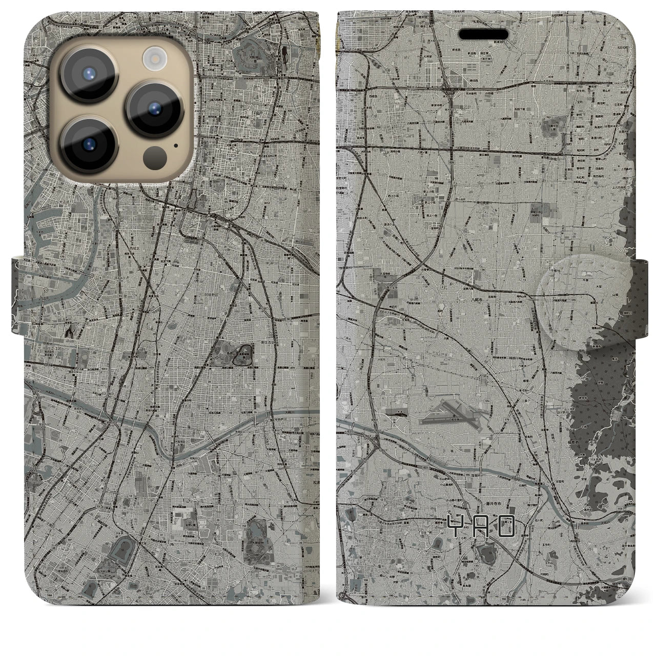 【八尾(大阪府)】地図柄iPhoneケース(手帳タイプ)モノトーン・iPhone 14 Pro Max 用