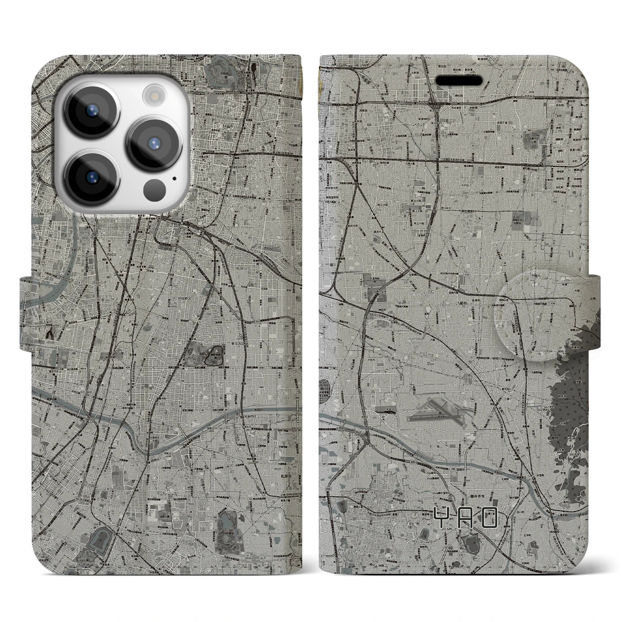 【八尾(大阪府)】地図柄iPhoneケース(手帳タイプ)モノトーン・iPhone 14 Pro 用
