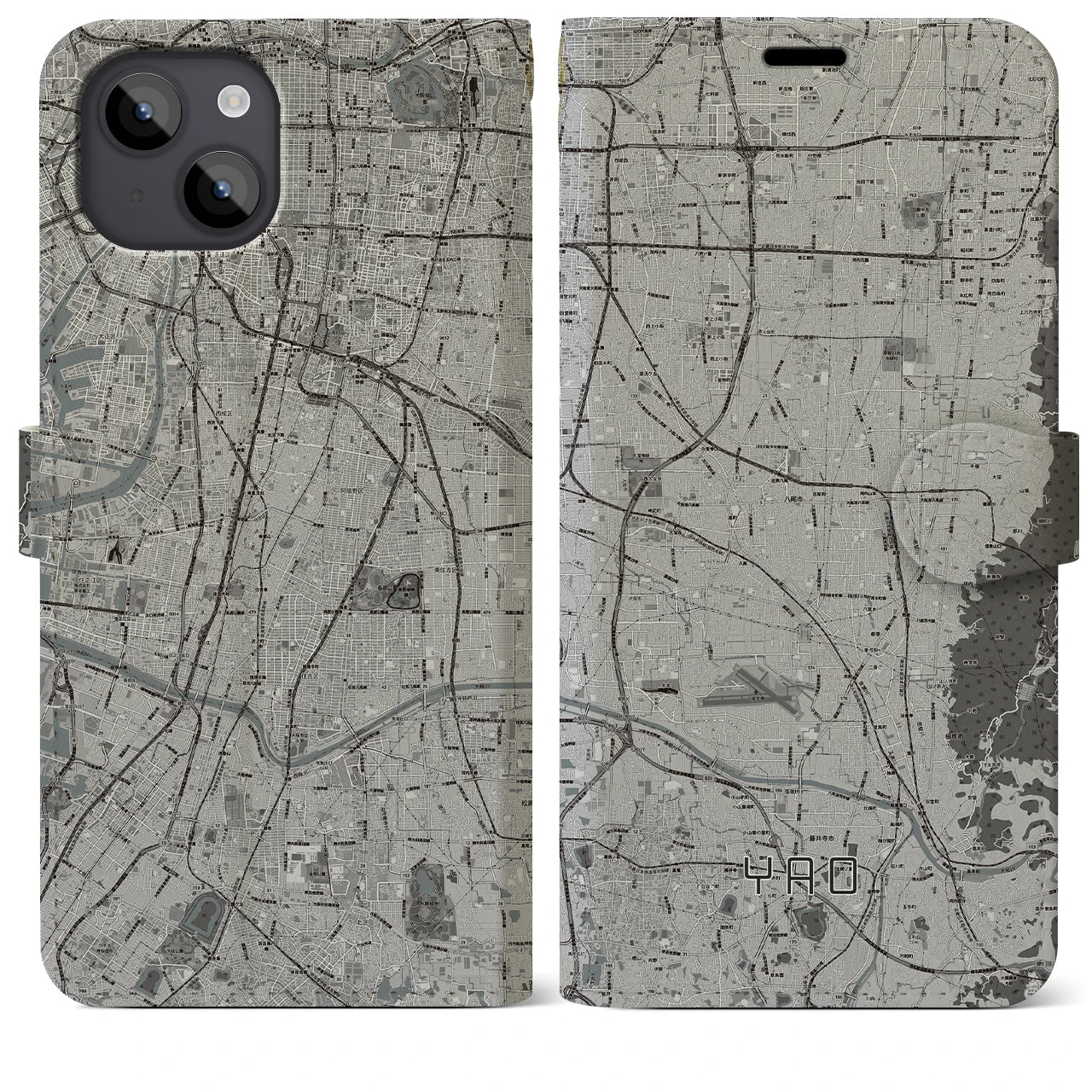 【八尾(大阪府)】地図柄iPhoneケース(手帳タイプ)モノトーン・iPhone 14 Plus 用