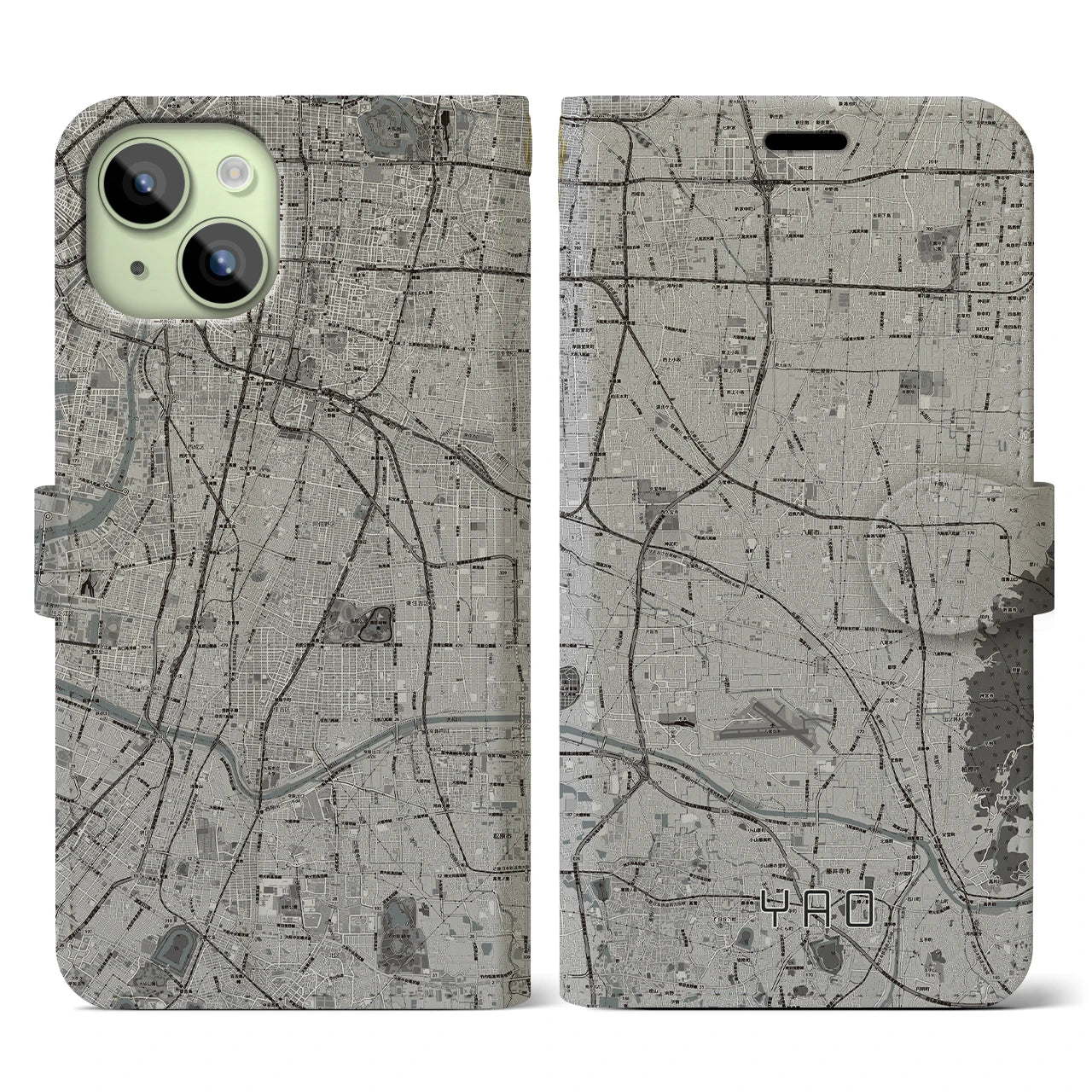 【八尾(大阪府)】地図柄iPhoneケース(手帳タイプ)モノトーン・iPhone 15 用