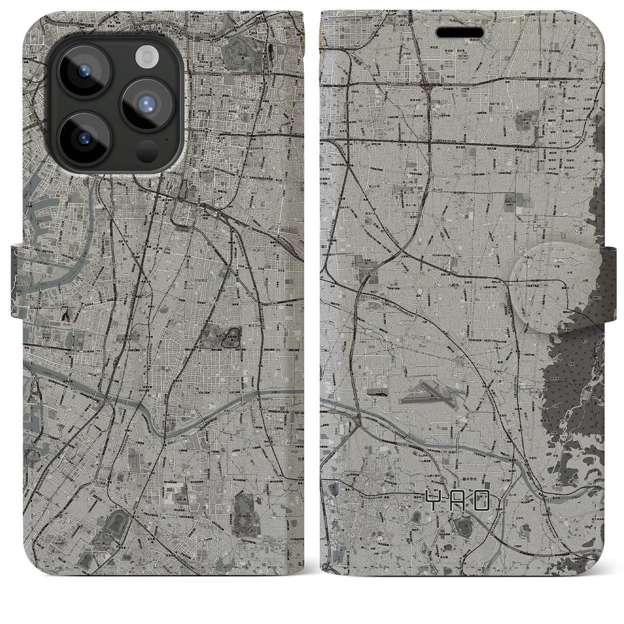 【八尾(大阪府)】地図柄iPhoneケース(手帳タイプ)モノトーン・iPhone 15 Pro Max 用