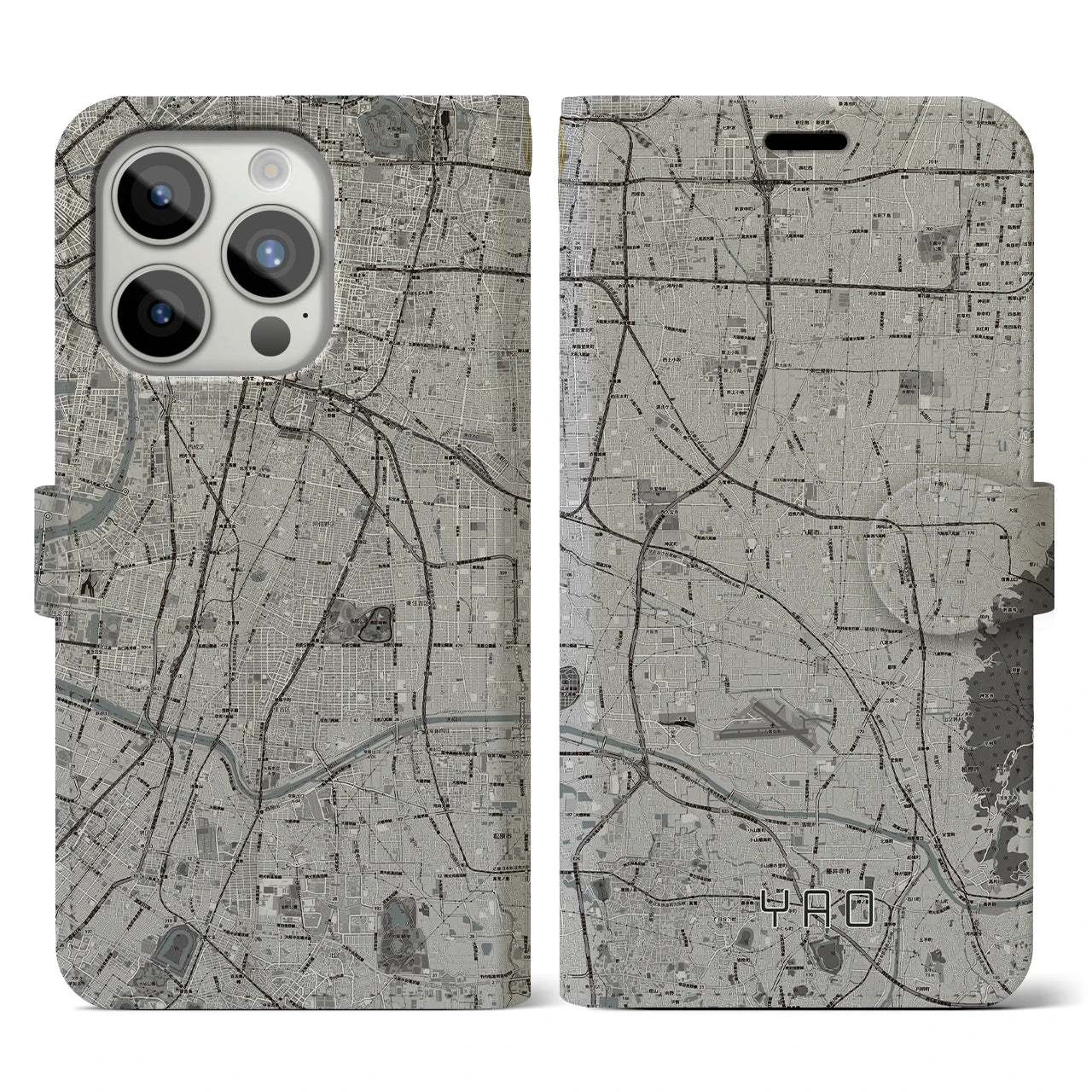 【八尾(大阪府)】地図柄iPhoneケース(手帳タイプ)モノトーン・iPhone 15 Pro 用
