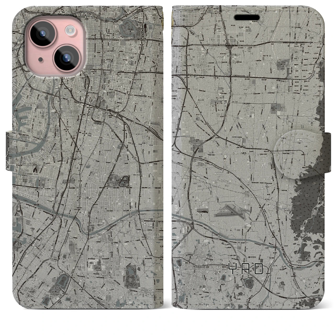【八尾(大阪府)】地図柄iPhoneケース(手帳タイプ)モノトーン・iPhone 15 Plus 用