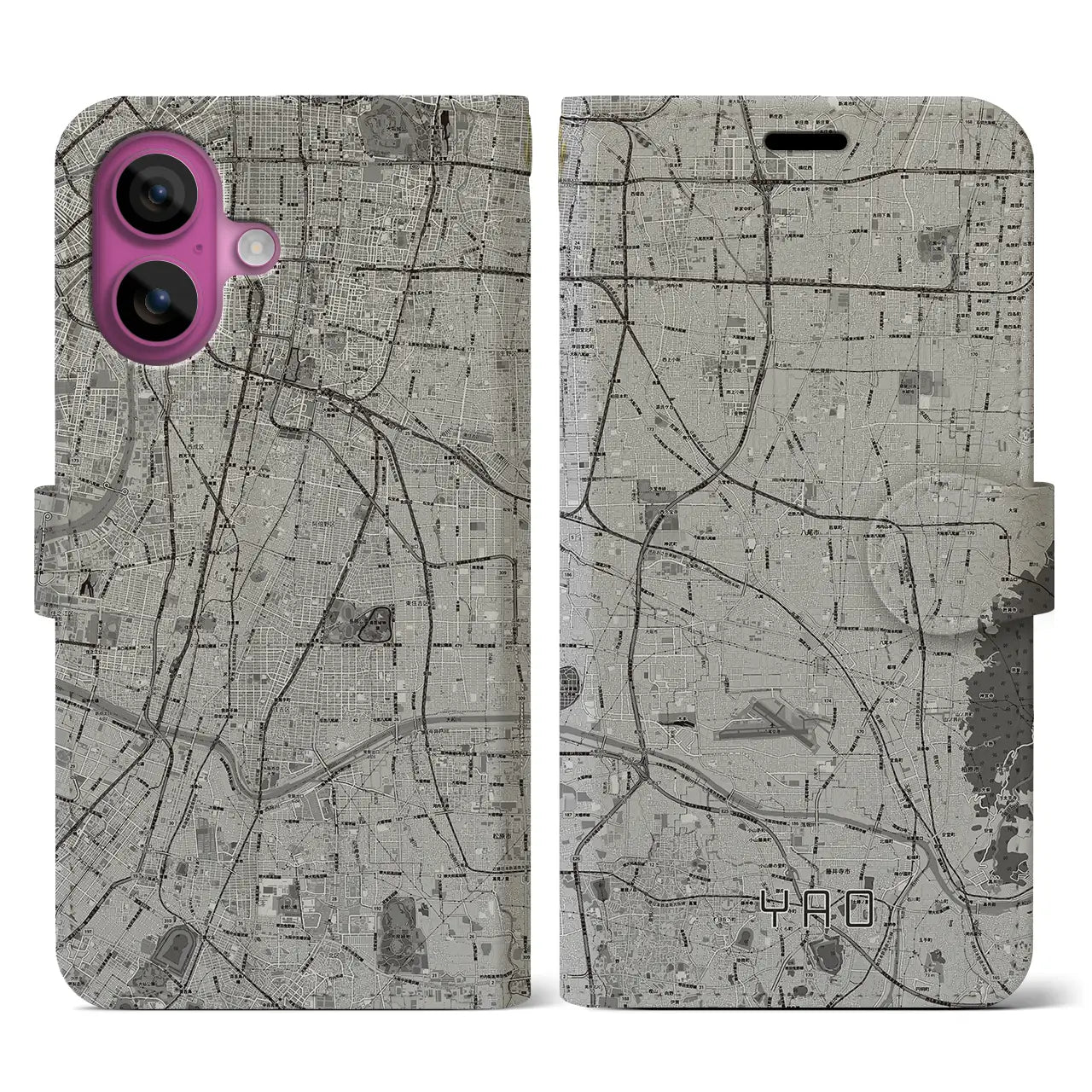 【八尾(大阪府)】地図柄iPhoneケース(手帳タイプ)モノトーン・iPhone 16 Pro 用