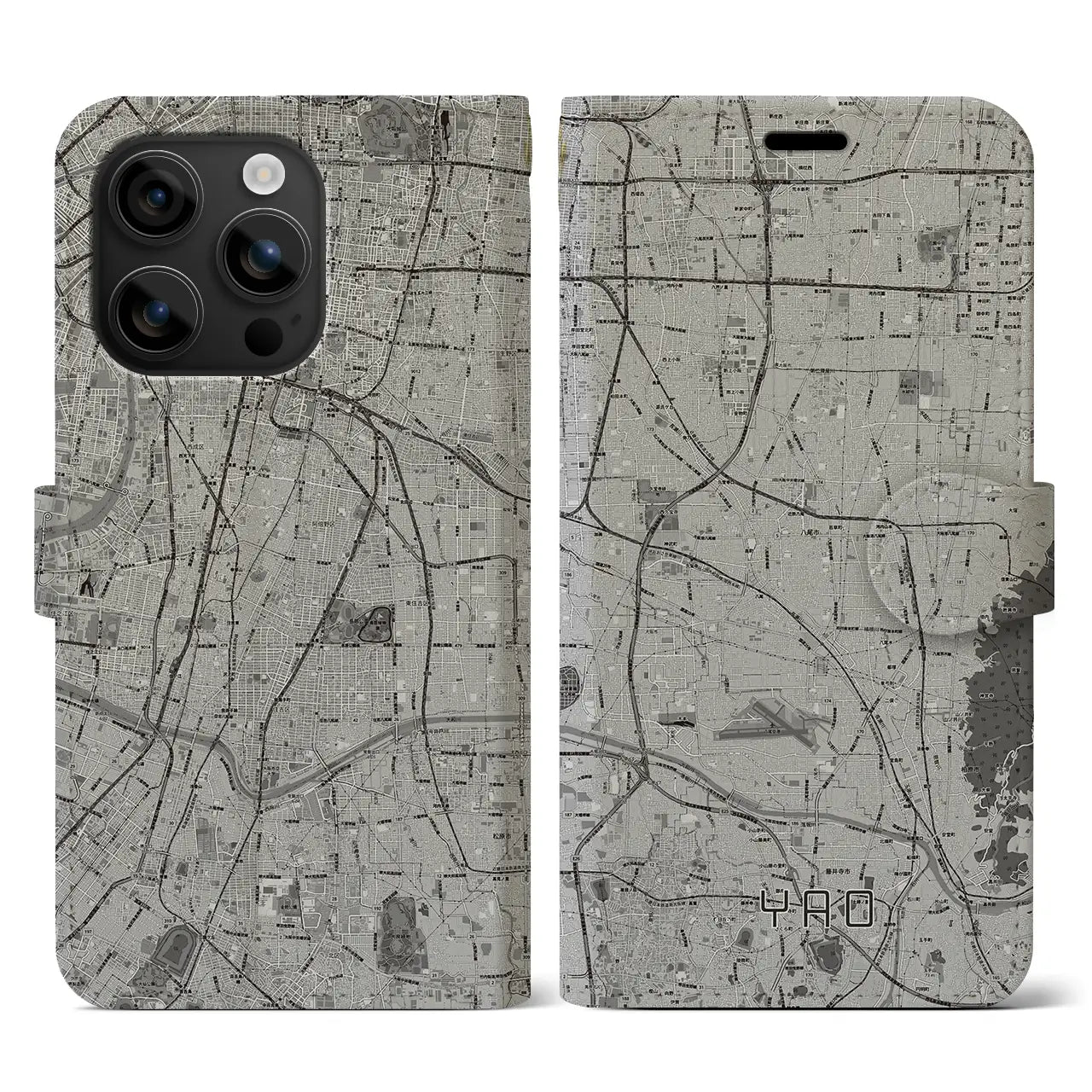 【八尾(大阪府)】地図柄iPhoneケース(手帳タイプ)モノトーン・iPhone 16 用